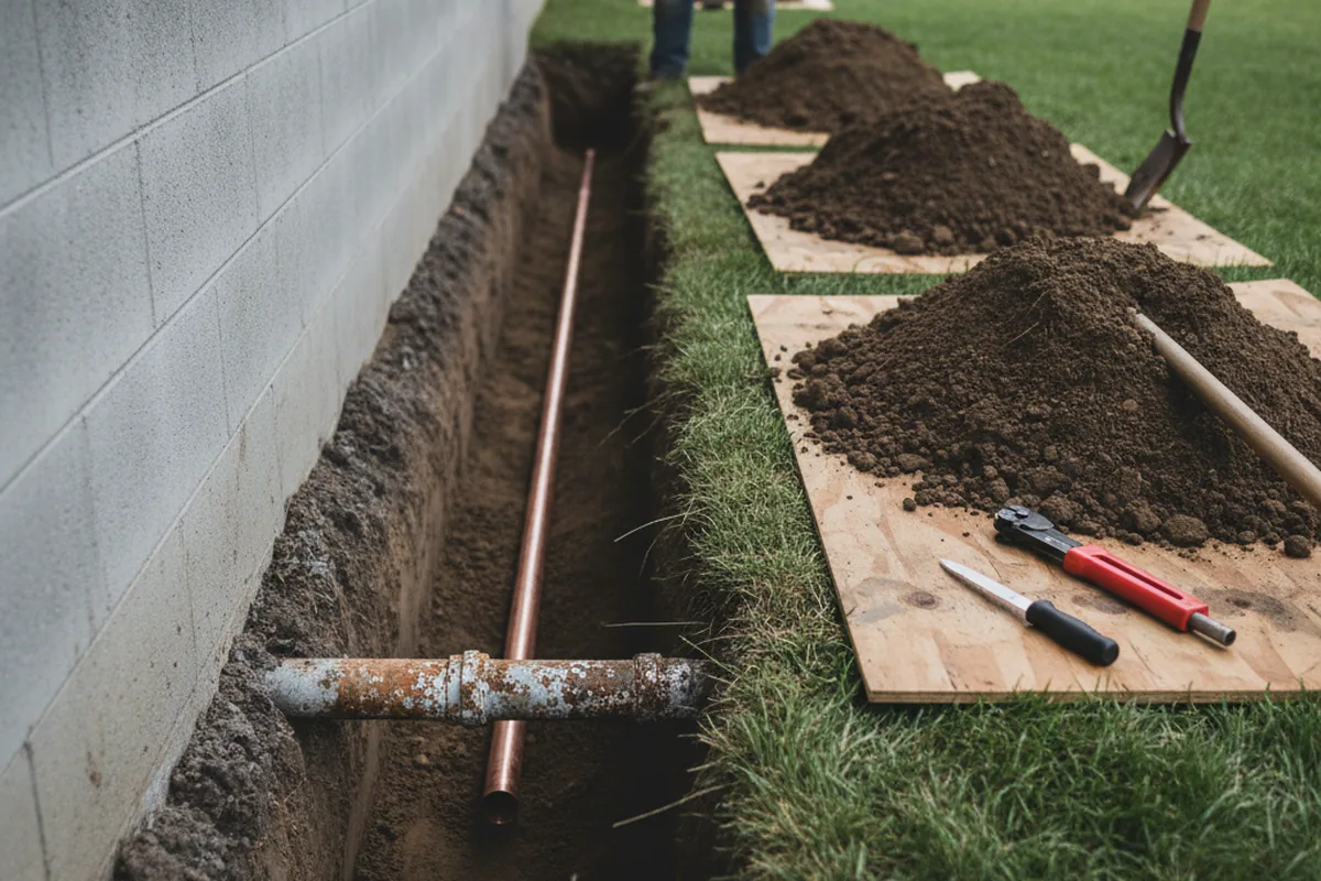 Excavated water line trench during Sewer Line Repair in Hayden